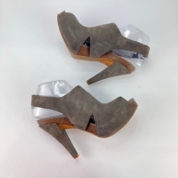 Nine West Ellis Leather Platform Wood Slingback Dark Gray/Taupe High Heels 8 - Picture 1 of 13